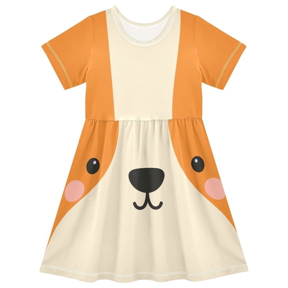 joogoo Cute Puppy Face Girls' Short Sleeve Dress Kids Dresses 5-6T