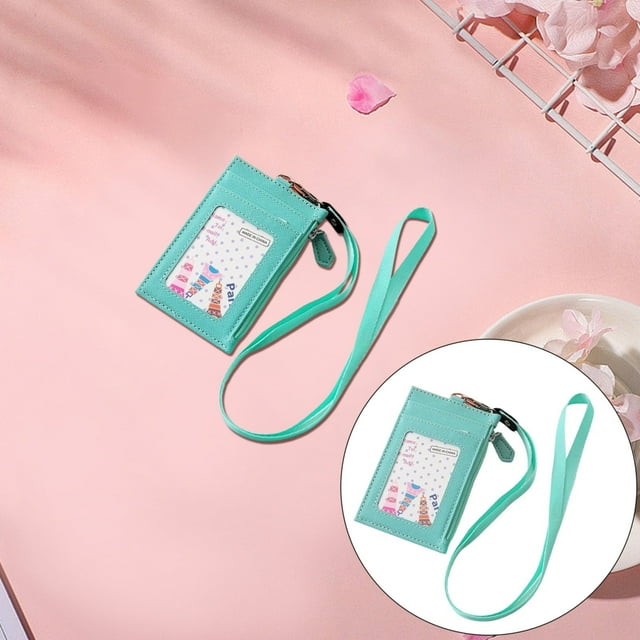 WHEANG Clearance Multi Slot Zipper Faux Leather Credit Card Badge Pass Case Holder Lanyard
