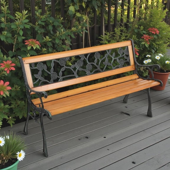 Tcbosik Victorian Style Garden Bench, 49.5" Cast Iron and Hardwood 2-Person Bench with Rose Pattern Backrest, Patio Bench for Porch or Yard, Natural and Bronze
