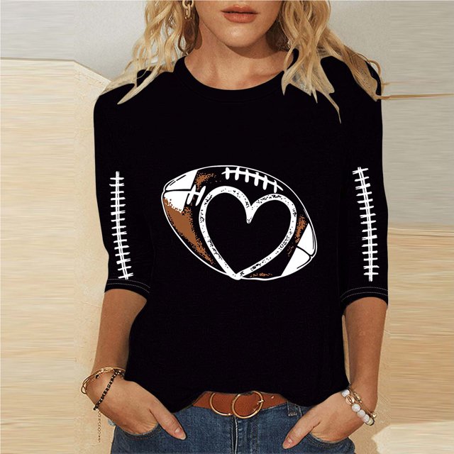 Heisall Womens Tops 3/4 Sleeve Round Neck Loose Casual Fashion T-Shirts Rugby Print