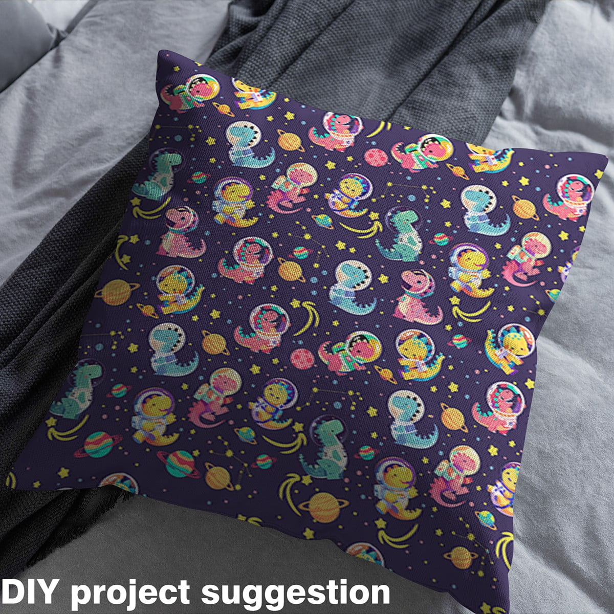 Homewish Colorful Dinsaur Fabric by the Yard 2 Yard,Cartoon Astronaut Room Decor Fabric by the Yard,Galaxy Starry Sky Fabric for Sewing For Boys Kids,Ultra Soft Home Decor
