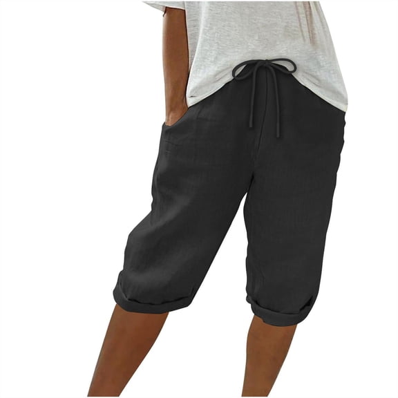 Women's Cotton Elastic Capris Pants Drawstring Knee Length High Waist Short Pant Rolled Cuff Vacation Jogger