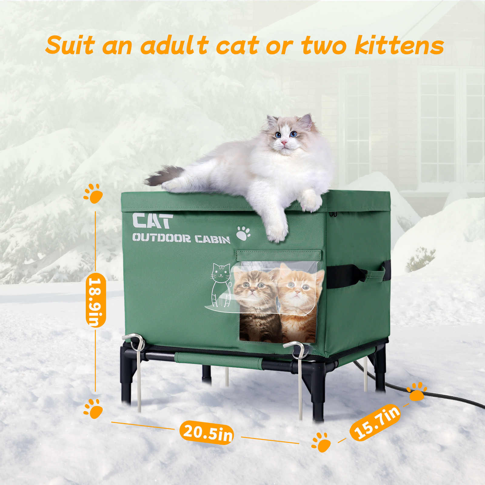 Warm Heated Cat House for Outside Feral Barn Cats in Winter, Outdoor Cat House Weatherproof with Heating Pad, Insulated Shelter for Outside Stray Barn Cat Kitty w/ 2 Safe Escape Doors, 21"Lx16"Wx19"H