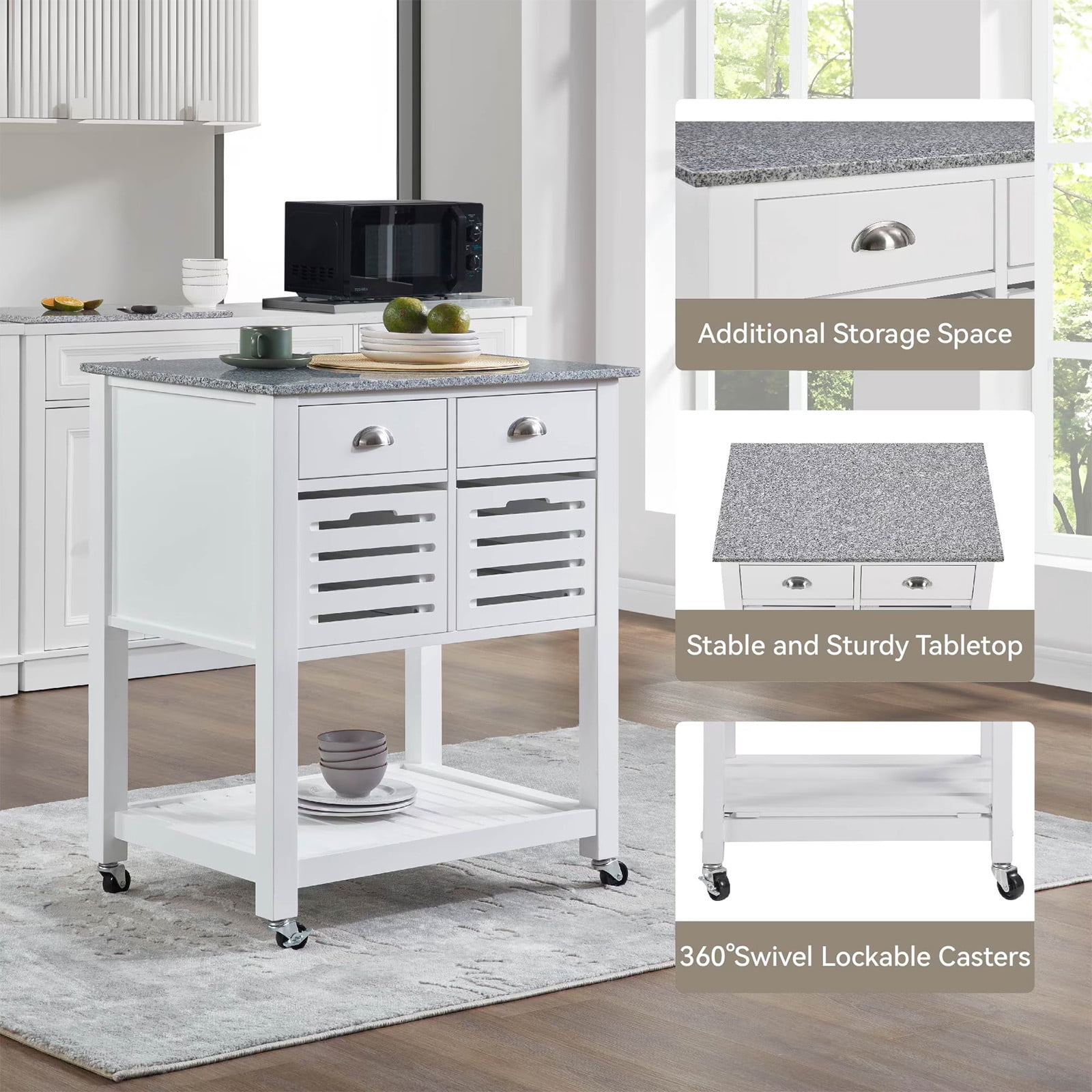 WEGFTDUOP Kitchen Island Cart with Storage, Mobile Rolling Kitchen Island on Wheels, Trolley Serving Cart with Underneath Drawer & Slide-Out Wire Storage Basket for Kitchen, Dinning Room