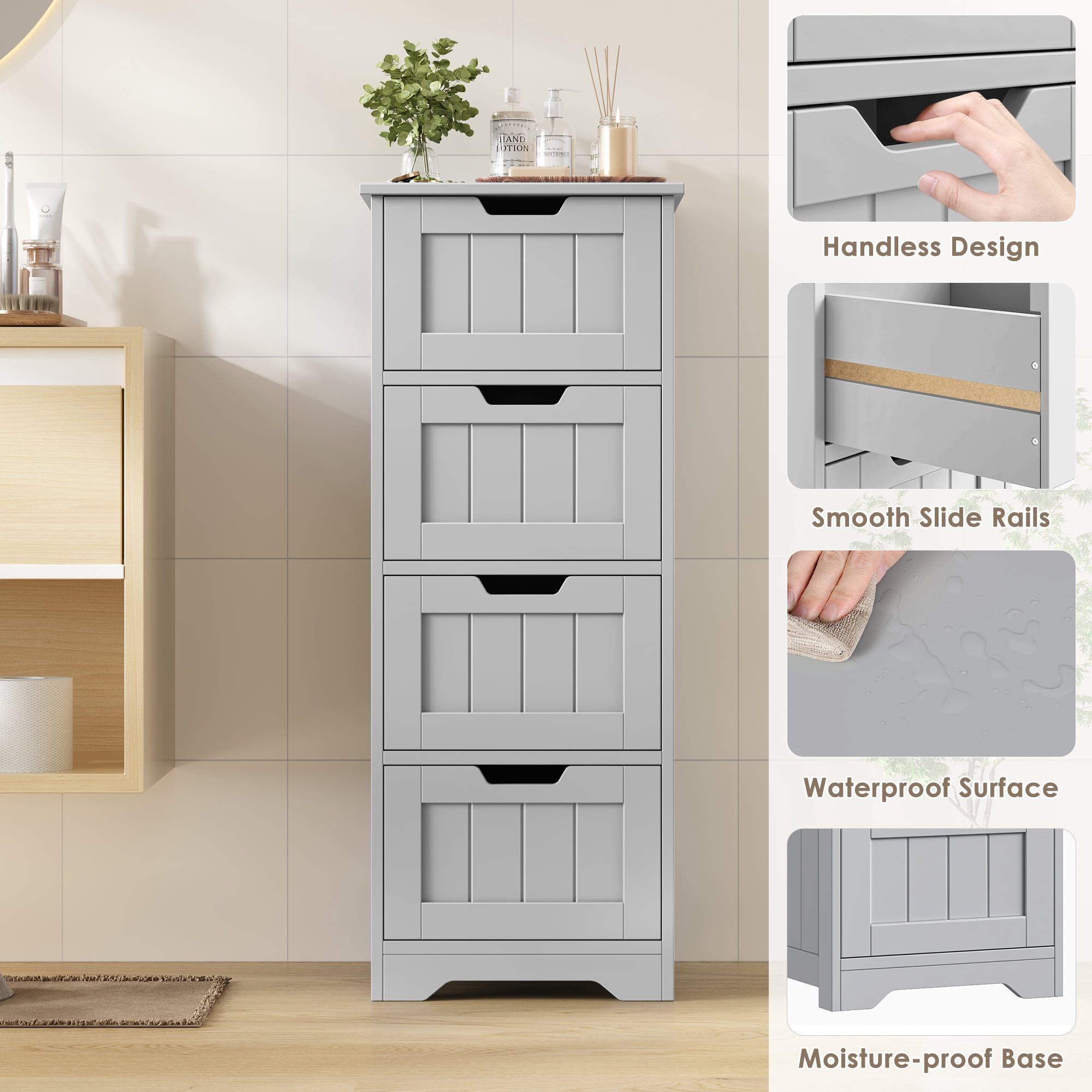 Homfa Bathroom Storage Cabinet, Free Standing Narrow Cabinet with 4 Drawers Entryway Storage Organizer for Living Room Bedroom, Grey