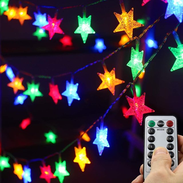 Luces de cadena de estrellas con pilas, luces de hadas impermeables de 50 LED de 16.4 pies, luces alimentadas por pilas con 8 modos de control remoto