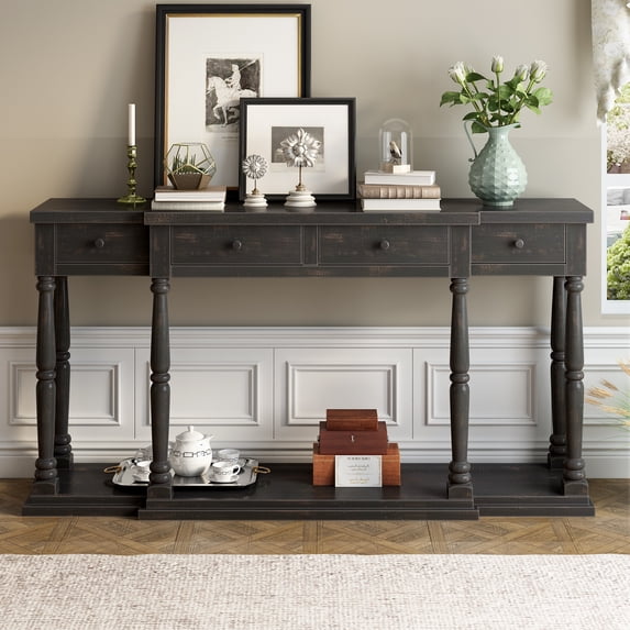 Long Console Table Sideboard with 4 Front Facing Storage Drawers and 1 Shelf, Retro Senior Wood Sofa Table Solid Wood Sofa Couch Side Table for Entryway Living Room (Antique Black)