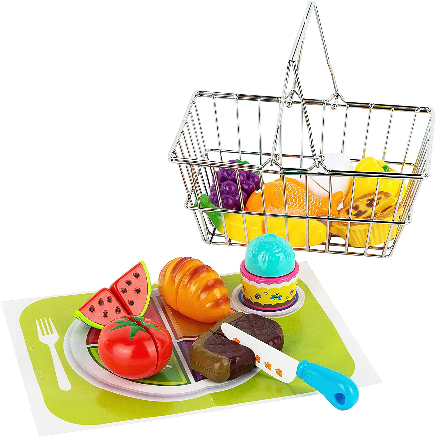 Childrens Shopping Baskets Filled Pretend Play Food Metal Plastic Kids Shops NEW 