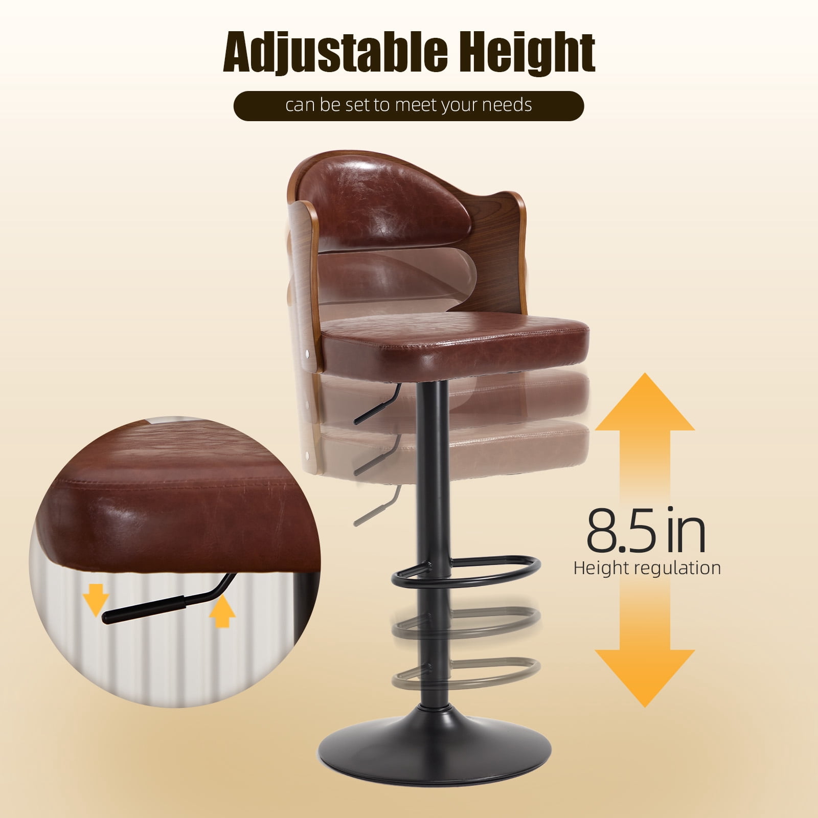 Homefun Swivel Bar Stools Set of 2,Wooden Upholstered Scratch-Resistant Fabric with Back,Chairs for Kitchen Island,Brown