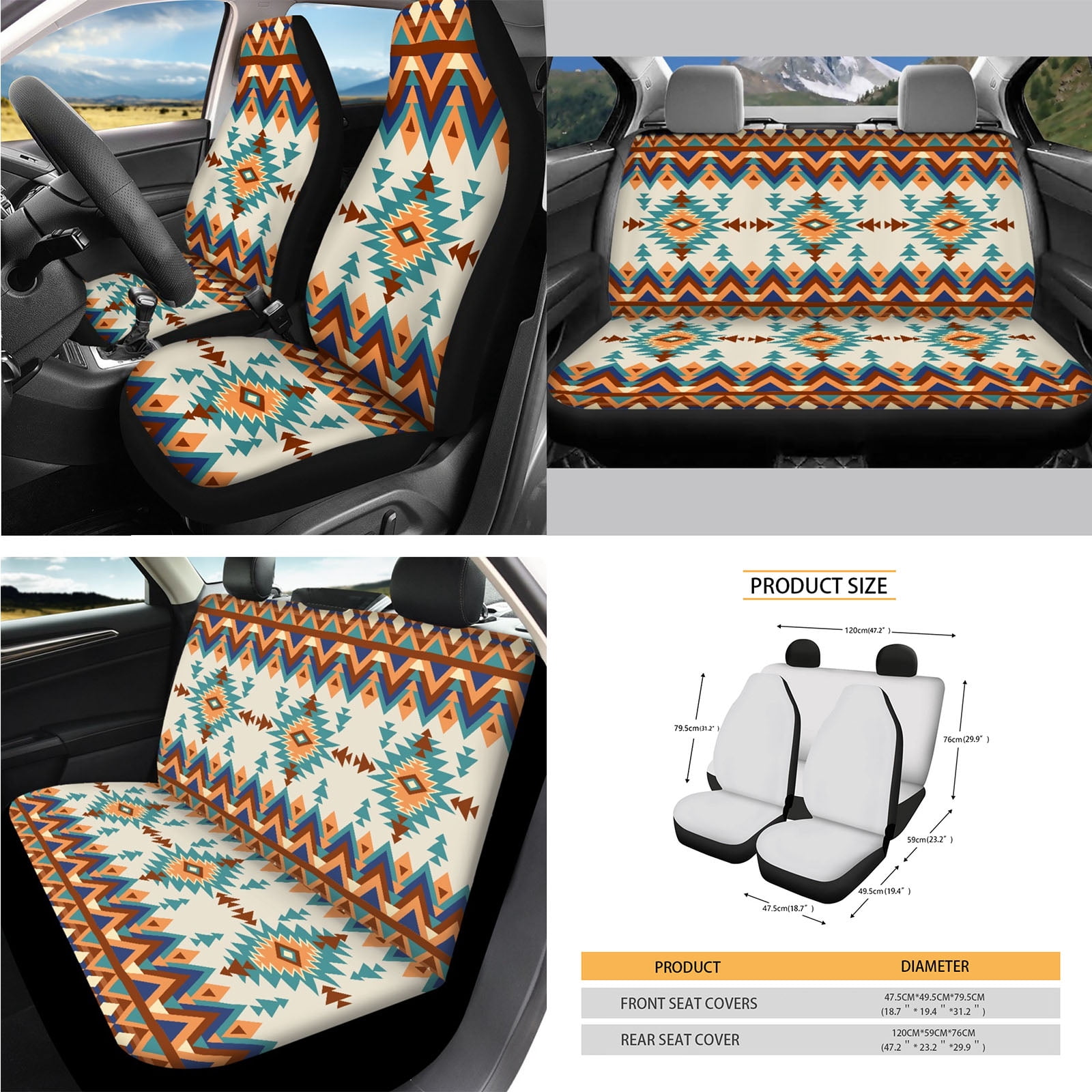 Yuyamidu Aztec African Tribal Car Seat Covers Full Set with Steering Wheel Cover Seat Belt Pads Armrest Cover Handbrake Cover Set Trash Bag Auto Rear View Mirror Covers Cup Holders
