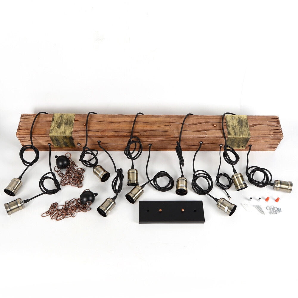 DENSET Wooden Beam Light | Rustic Farmhouse Kitchen Island Chandelier | Wooden Pendant Light Fixture 10-Light