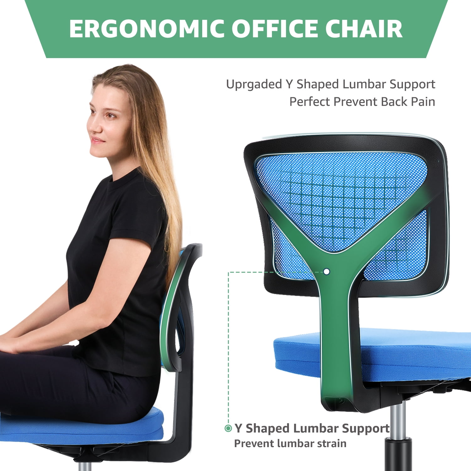 JOINSUN Armless Desk Mesh Office Chair, Adjustable Height Ergonomic Low Back Vanity Task Desk Chair with Wheels, Blue