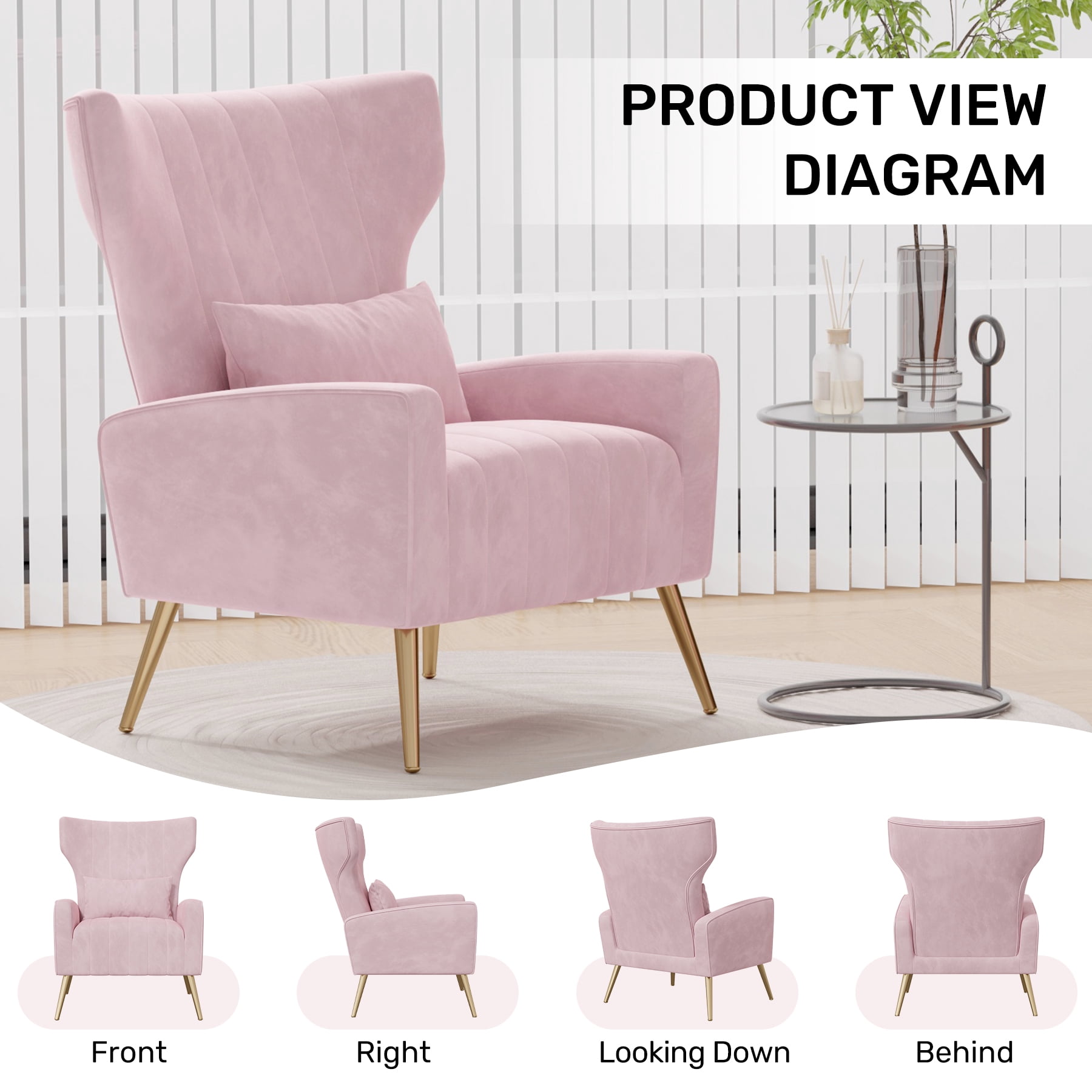MOONMISS Velvet Accent Chair for Living Room, Modern Arm Chair with Pillow, Single Sofa Lounge Chair for Bedroom & Reading Room,Pink