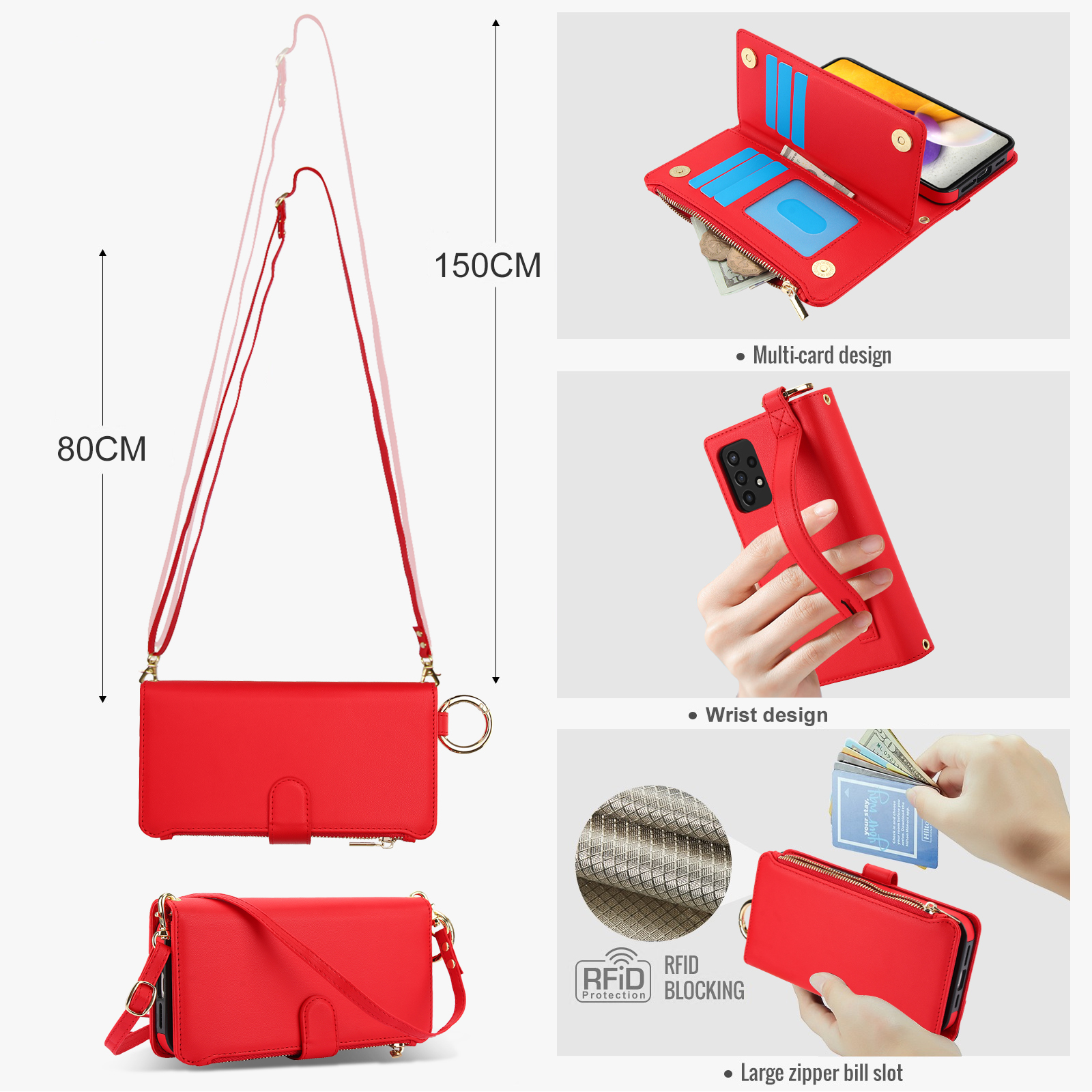 ELEHOLD For Samsung Galaxy A53 5G Phone Case Leather Crossbody Zipper Card Wallet Flip Case Kickstand Cover, with Ring Holder,Full Body Protection-Red