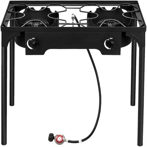 Outdoor Camp Stove High Pressure Propane Gas Cooker Portable Cast Iron Patio Cooking Burner (Double Burner 150000-BTU)