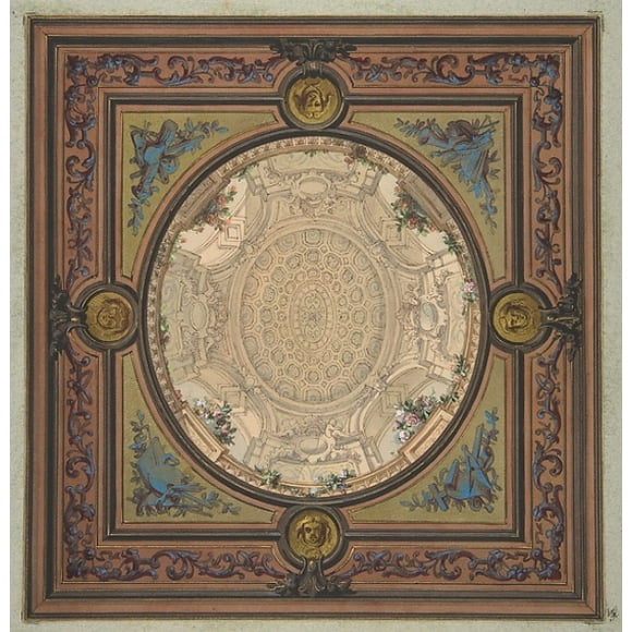 Design for the decoration of a ceiling with a trompe loeil painting of a coffered dome Poster Print by Jules-Edmond-Charles Lachaise (French, died 1897) (18 x 24)