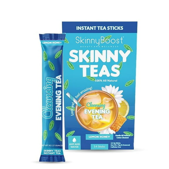 Skinny Teas Instant Tea Sticks – Cleansing Evening Tea – 14 Ct – Herbal Detox Blend with Colon and Body Cleansing Herbs – All Natural Gentle Cleanse, Reduce Bloat (Lemon Honey)