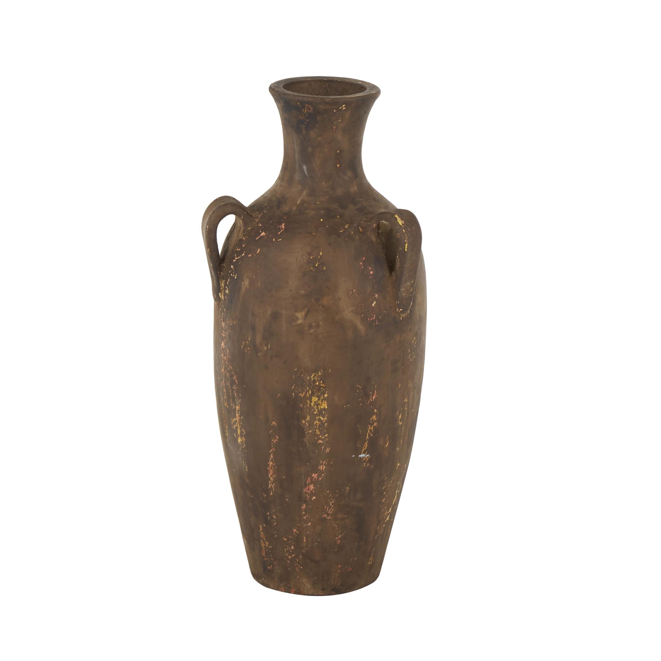 DecMode 24" Antique Style Distressed Dark Brown Ceramic Vase with Handles