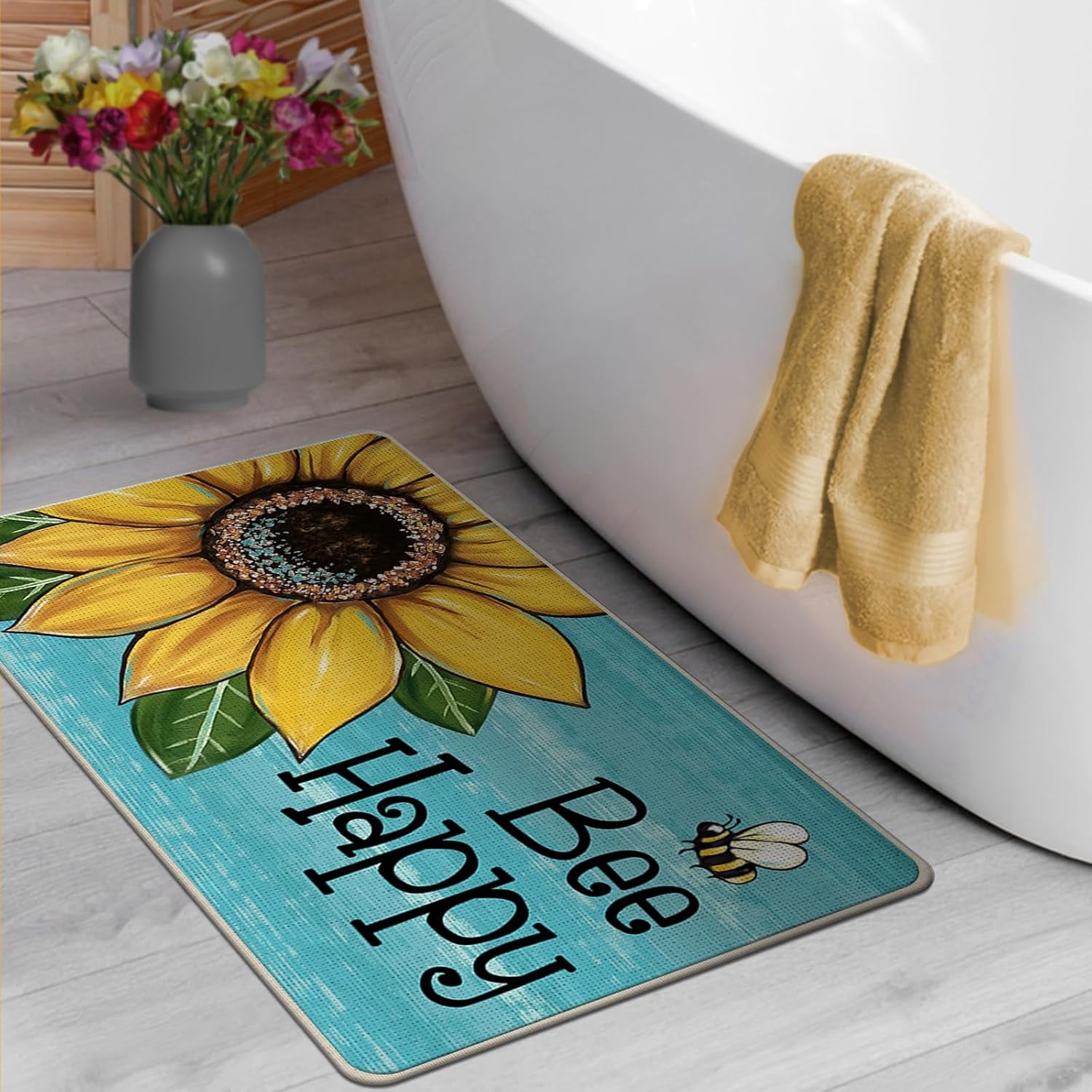 Spring Summer Sunflower Decorative Front Door Mat, Bee Happy Floral Blue Doormat Indoor Outdoor Non-Slip Floor Entryway Rug, Seasonal Home Kitchen Decoration 17x29 Inch