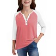 thumbnail image 6 of PWPSG Kid's 3/4 Sleeve Shirts Lightweight Spring Summer Casual Blouses Color Block Button Up Crewneck Pullover Daily Wear Tops Watermelon Red 5 Years, 6 of 6