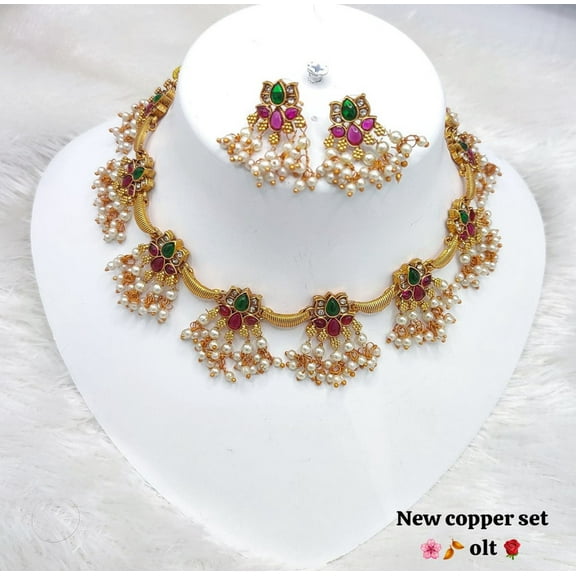 Copper-Plated Necklace Set with Multicolor Stones & Pearl Drops – Traditional Festive Jewelry