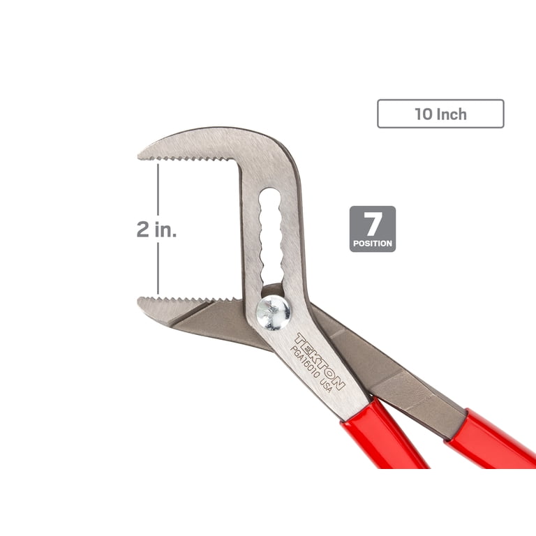 TEKTON 10-Inch Angle Nose Push-Button Adjustable Pliers – 13 Positions, 2.0" Flat / 1.5" Round Capacity, Induction-Hardened Teeth, Enamel-Coated Handles