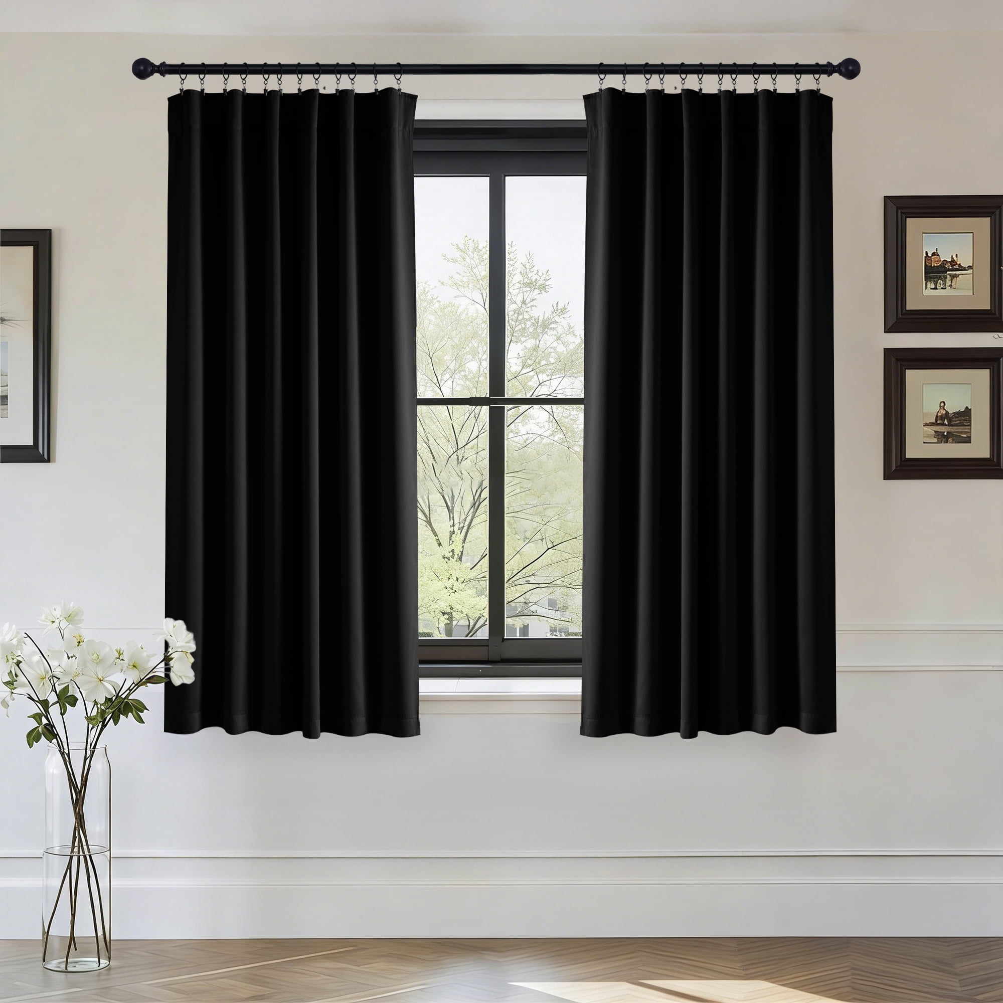 StangH 100% Blackout Curtains for Kitchen, Back Tab & Rod Pocket Drapes Temperature Regulate Room Darkening Noise Reducing Curtains for Bedroom/Bathroom, Black, W52 x L63, 2 Panels