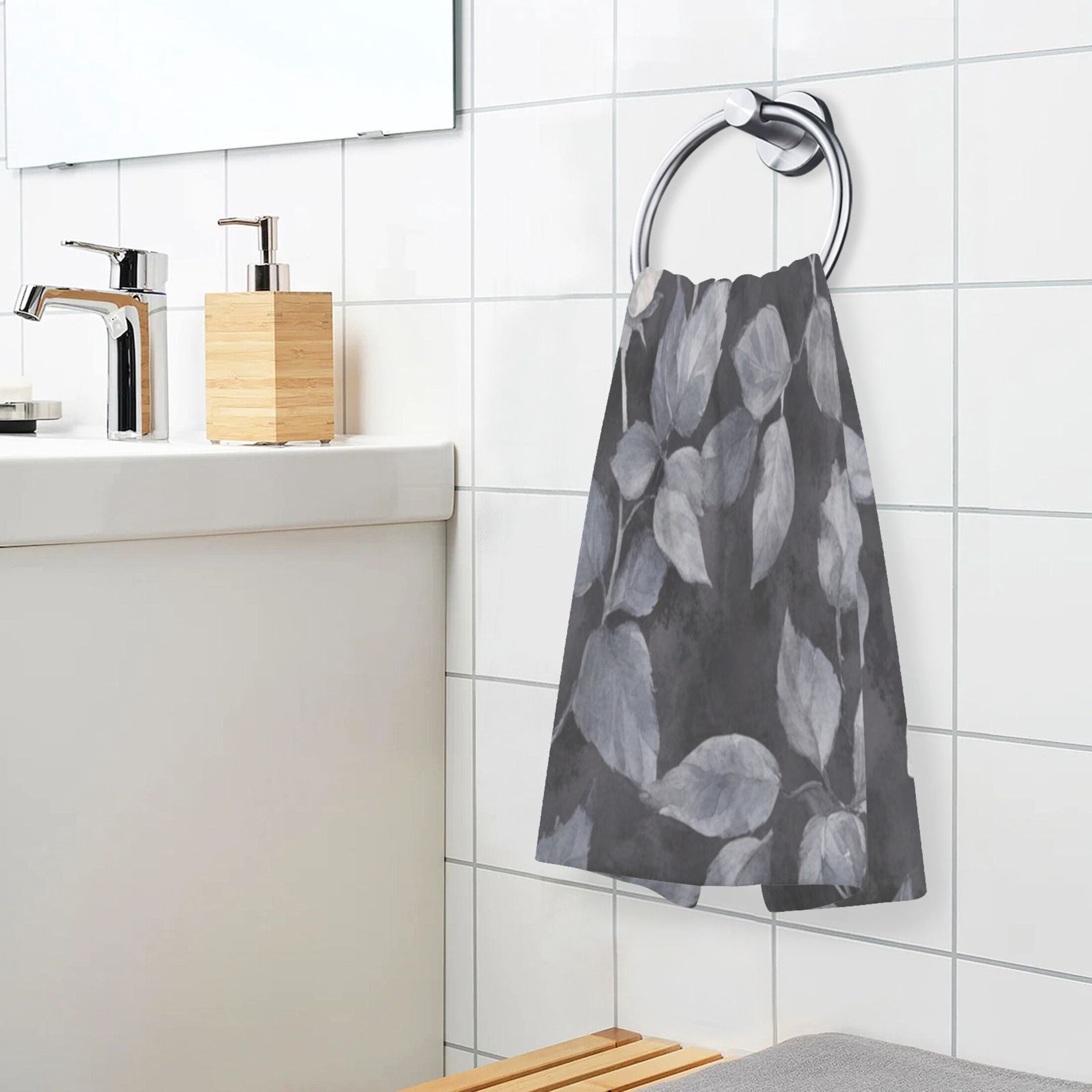 Cotton Towel Two-Piece 16x28 Inch One Sizex2 Face Towel Set Towel Set Cotton Hand Bath Towel Bathroom Beach Black Flowers Seamless