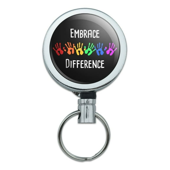 Embrace Difference Autism Hand Prints Heavy Duty Metal Retractable Reel ID Badge Key Card Tag Holder with Belt Clip