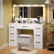 Resenkos Vanity Desk with Mirror Lights, Makeup Vanity Table with Power Outlet for Bedroom, Dressing Room, White