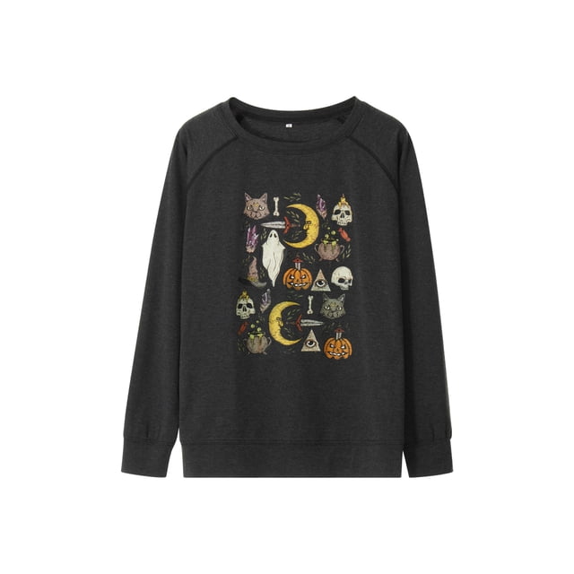 Opperiaya Sweat-Shirt d'Halloween pour Femmes, Imprimé Graphique Décontracté, Coupe Ample, Pull-Over, Manches Longues, Col Rond, Surdimensionné, Automne