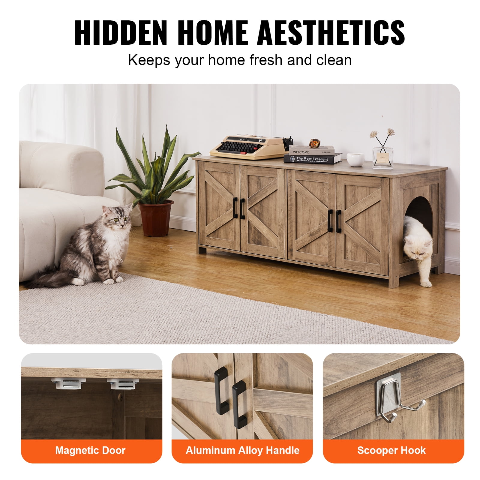KFFKFF Dual Cat Litter Enclosure, Spacious Hidden Litter Box Cabinet, Double Chamber Wood Design, Fits Standard Litter Boxes, 47.2"L x 18.5"W x 19.7"H, Greige