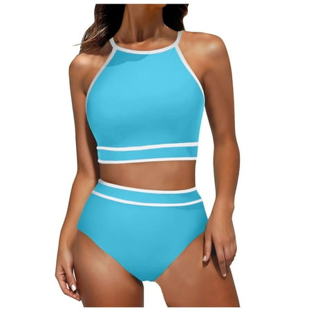 Women s Neck Top High Striped Shorts Set Women Waisted Bikini Set Sport Bathing Suit Bottoms Medium Color Matching Swimsuit Two Sports Bra Top Bathing Suit Piece Set