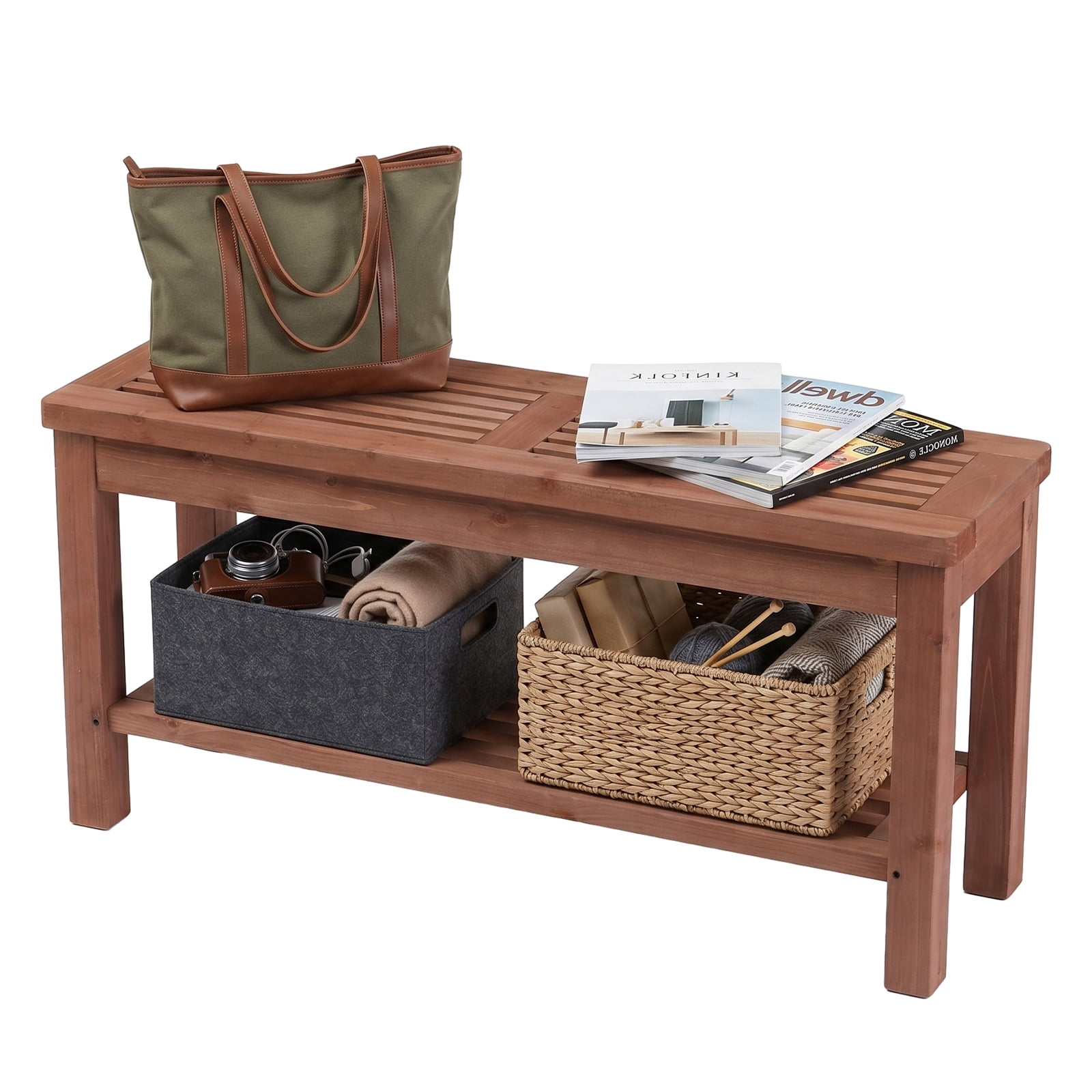 Zimtown Entryway Shoe Storage Bench, 40" Brown Fir Wood Bench with Slatted Seat & Shelf, Mudroom Organizer Bench