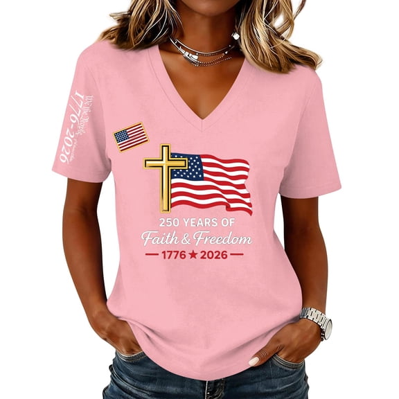 Textilo American Patriotic T Shirts for Women Short Sleeve V Neck Shirts American Flag Design T-Shirts Cross Patriotic 250 Years Of Freedom Tee Tops,Pink L