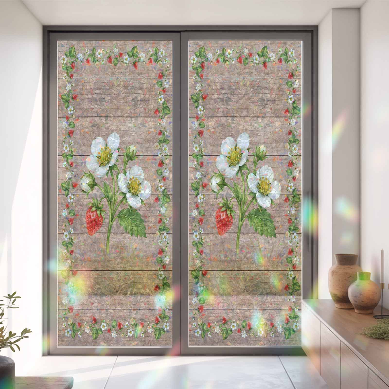Window Privacy Film Rustic Flower Stained Glass Static Cling 35x79inch Farmhouse Fruit Botanical Wood Board Rainbow Window Film Glass Sticker for Bathroom Bedroom Home