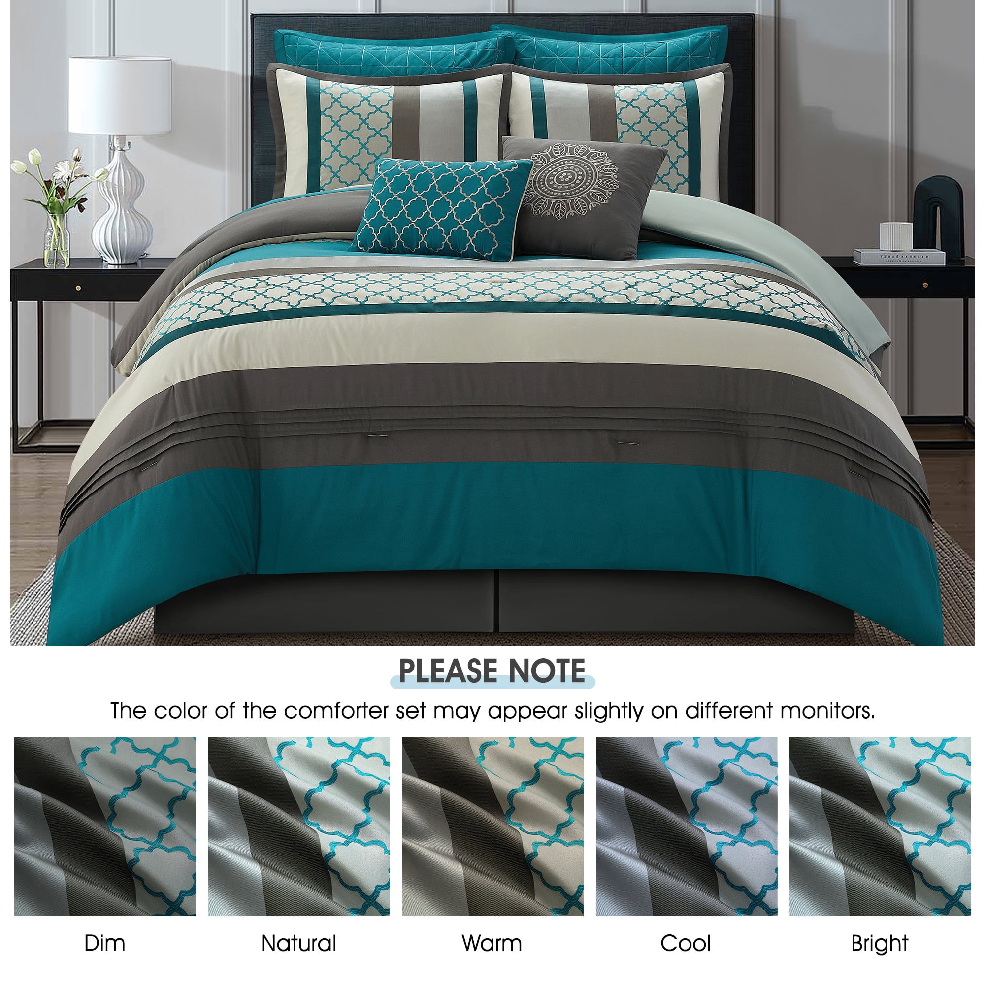 LANCO MODERN LIFESTYLE Queen Comforter Set, Grey Bedding Set, Jacquard Woven with Geometry, 16 Pieces Room in a Bag, Sheets, Bedskirt, Pillow Shams and Cases, Decor Pillows and Curtains