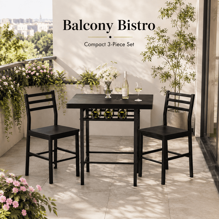 Lacoo 3 Piece Dining Table Set for 2, Small Kitchen Table and 2 Chairs, Space Saving Dining Room Table Set for Apartment, Breakfast Nook, Black