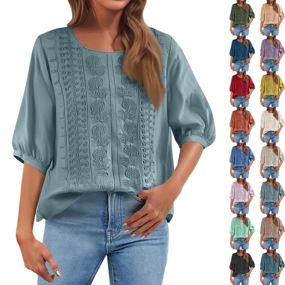DENGDENG Embroidered Cotton Linen Tops for Women 3/4 Sleeve Summer Boho Peasant Gauze Blouses Dressy Casual Bohemian Shirts, #03 Blue M
