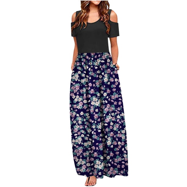 Vestido de cuello redondo con estampado de hombros descubiertos y manga corta informal de verano para mujer OAVQHLG3B Store lin121212