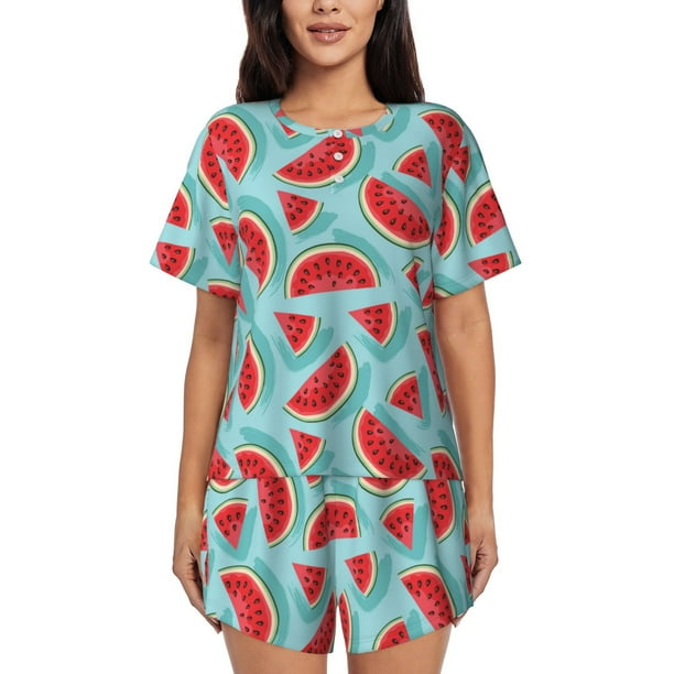 Balery Watermelon Conjunto de Pijama para Mujer con Estampado, Dos Piezas de Manga Corta y Shorts, Ropa de Dormir Suave con Cuello Redondo y Bolsillos-Small