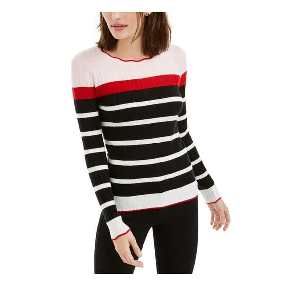 MAISON JULES Womens Black Striped Long Sleeve Jewel Neck Sweater Juniors L