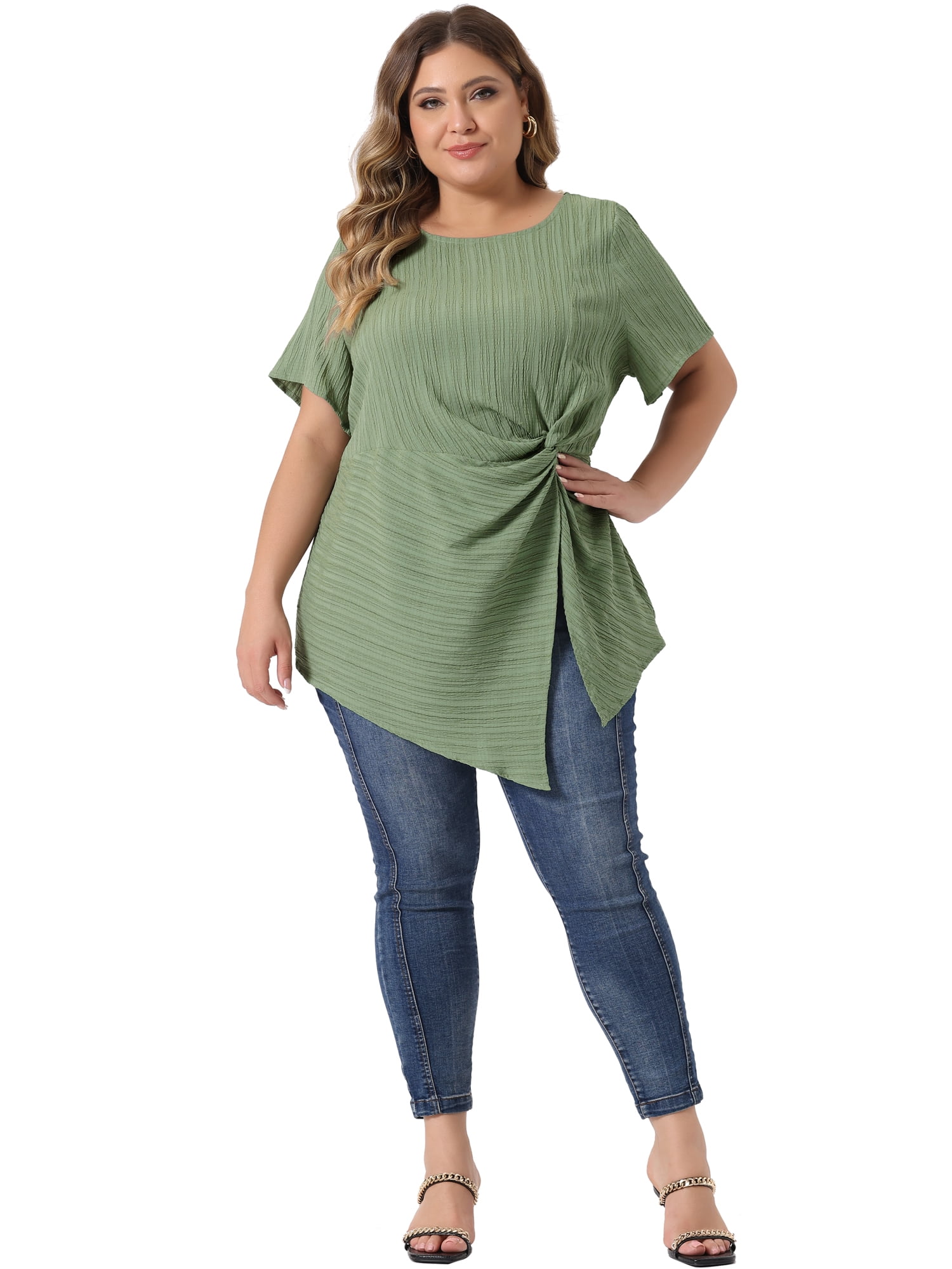 Unique Bargains Women Plus Size Asymmetrical Hem Round Neck Short Sleeve Twist Knot Top 2X Green