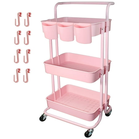 

Piowio 3 Tier Utility Rolling Cart Multifunction Organizer Shelf Storage Cart with 3 Pieces Cups and