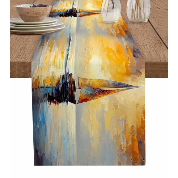 Ldtrchee Nautical Ship Table Runner 108 Inches, Modern Oil Painting Abstract Art Bed Runner Dresser Scarves Tabletop for Indoor Outdoor Parties/Ceremony/Banquet, 13"x 108"
