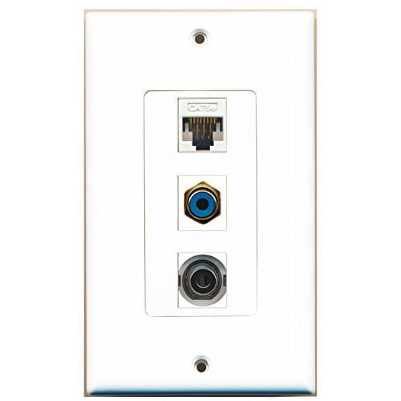 RiteAV - 1 Port RCA Blue and 1 Port 3.5mm and 1 Port Cat5e Ethernet White Decorative Wall Plate Decorative