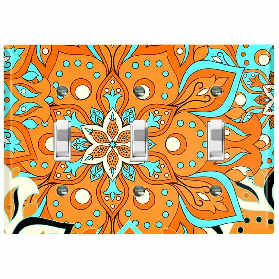 Metal Light Switch Plate Cover Orange Teal Flower Mandala Tile Pattern MDL015