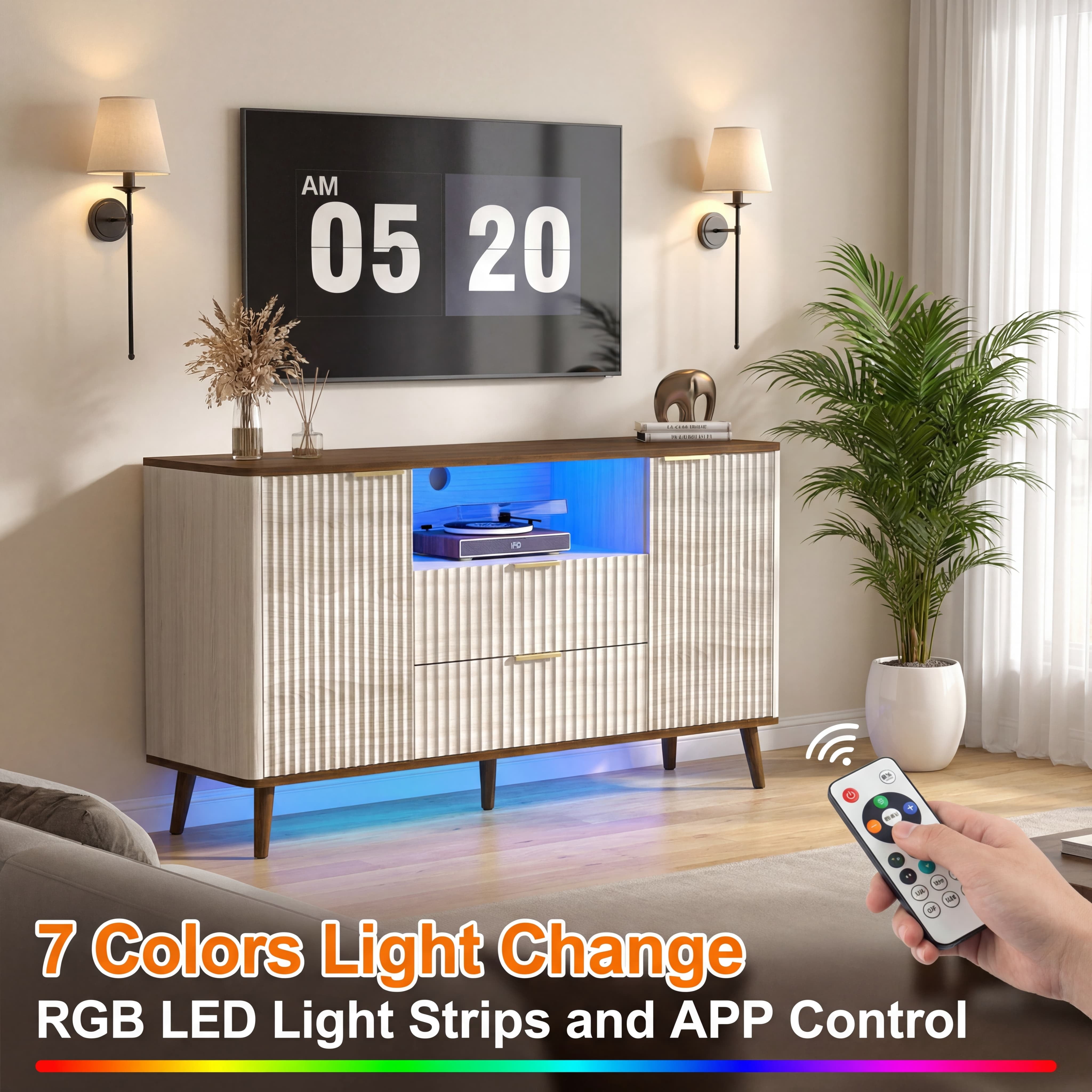 TrumanPick 55.3" Fluted TV Stand with LED Lights, Mid-Century Wood Entertainment Center for 65 Inch TVs, Beige&Walnut