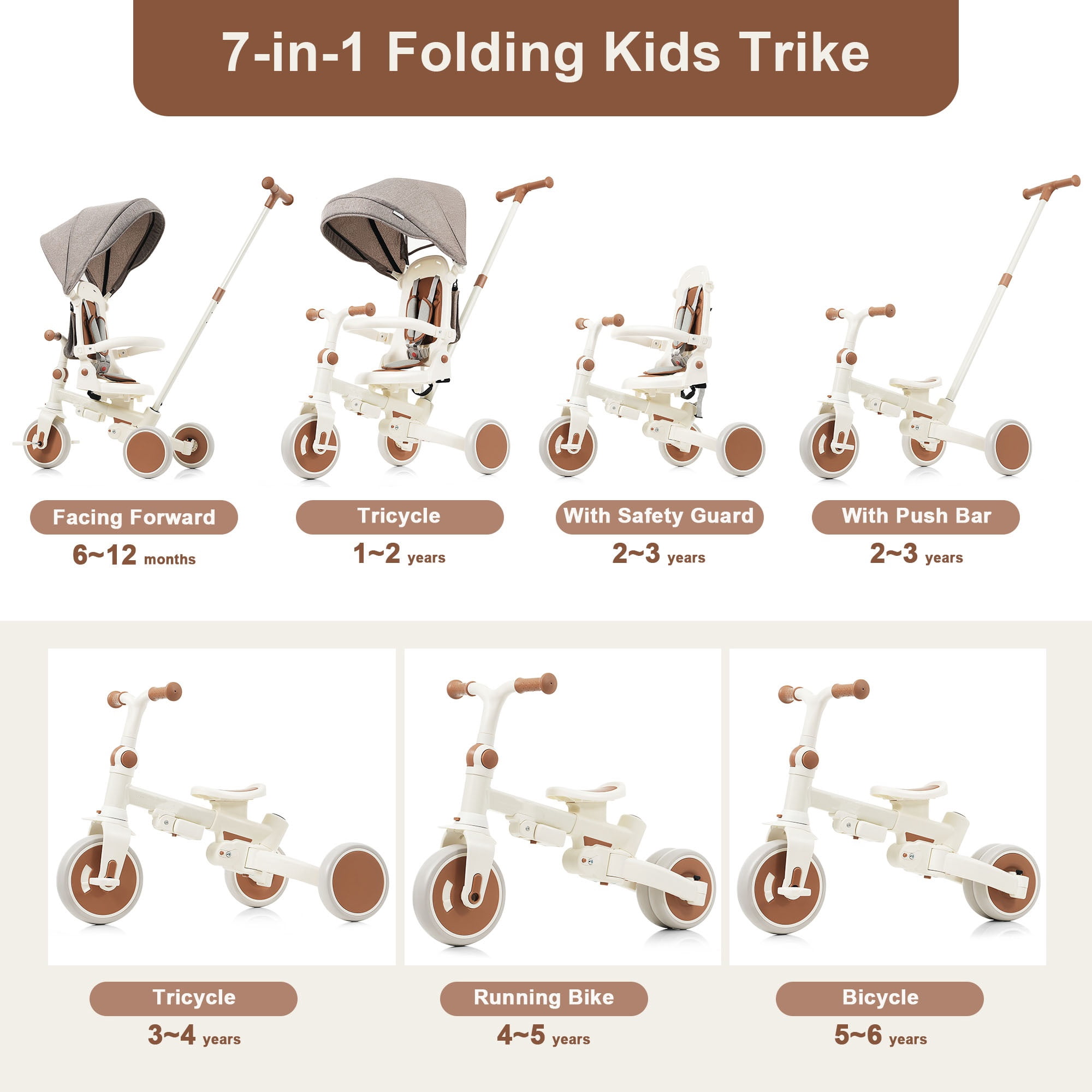 7-in-1 Baby Tricycle 1-6 Years Aluminum Frame with Canopy Push Handle 5-Point Harness for Kids Outdoor Ride