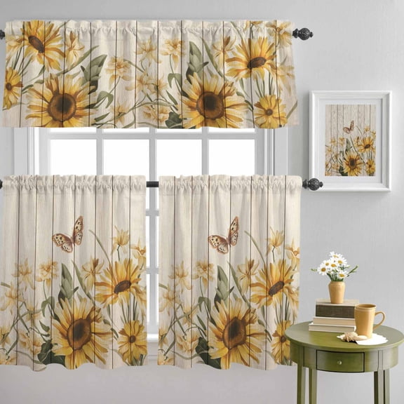 Rustic Sunflower Butterfly Curtain Tier and Valance Set 3 Piece, Farmhouse Plant Retro Wood Board 3-inch Rod Pocket Window Tier Curtains Valance for Kitchen Living Room